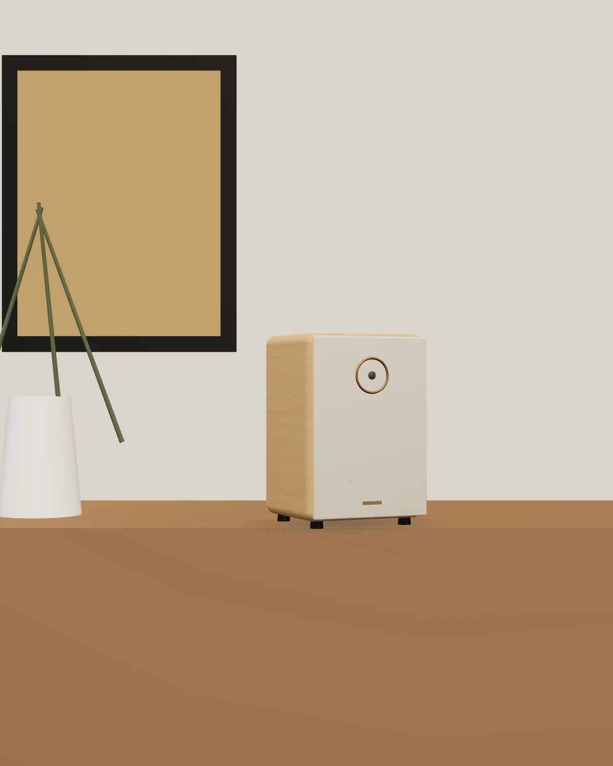 Halden One in a living room: Oak · Stone, on a walnut sideboard.
